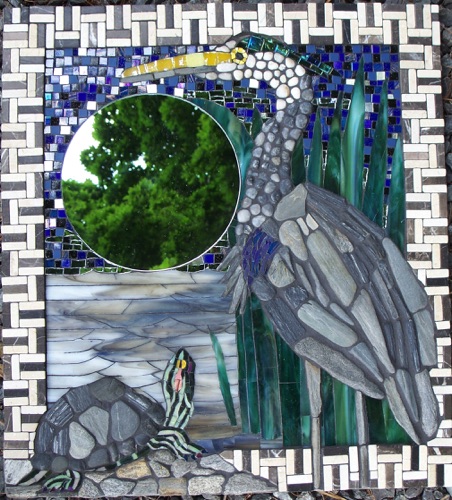 Full Moon; 18" x 20"; stained glass, natural stone, marble, mirror, smalti; $1800; private home, ME